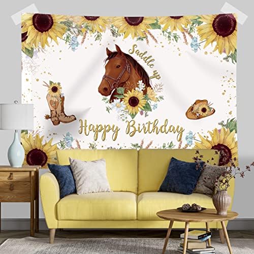 Rsuuinu Cowgirl Horse Birthday Backdrop Seddle up Suncokreti Zapadni konj čizma šešir zlatne tačke fotografija pozadina Happy Birthday