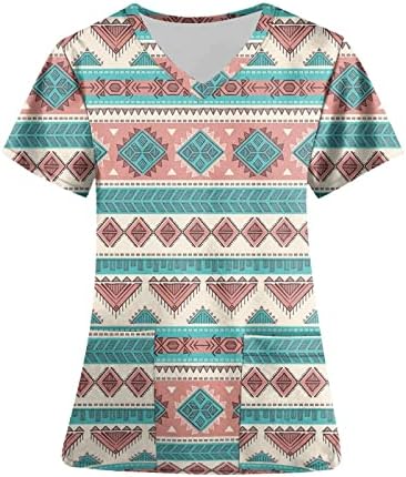 Žene piling Top Workwear kratki rukav V vrat uniforma Retro Aztec Print T Shirt Zapadni geometrijski bluze sa džepom