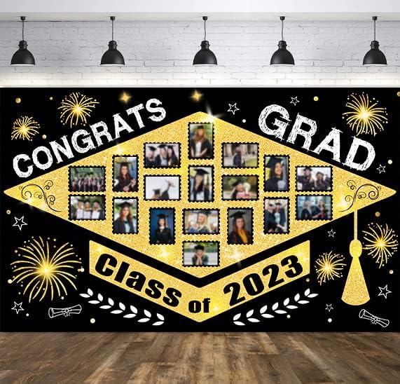 Klasa dekoracije za diplomske zabave 2023: 72 x 44 baner za pozadinu fotografija za diplomiranje od crnog zlata sa prostorom za prikaz fotografija, Čestitam Grad photo Banner Backdrop 2023 maturalne potrepštine za zabave