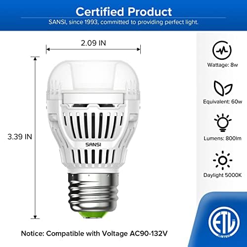 SANSI Dusk do zore LED sijalica na otvorenom, 8W 1 pakovanje, 5000k dnevno svjetlo 800Lumen E26 A15 LED senzorske sijalice sa automatskim