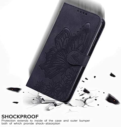 SUPWALL kompatibilan za iPhone 14 Pro novčanik slučaj kože osjećaj reljefni leptir cvijet koža Folio futrola držači za kartice stoje Flip Case sa narukvicom-Crna