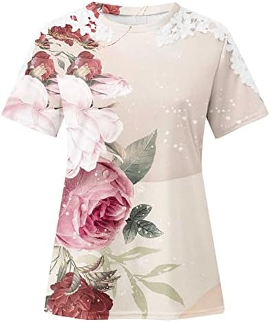 Tops for Women 2023 Floral Printed T Shirt Lace Crochet kratki rukav Tshirts Summer Round Neck pulover Tshirts bluza