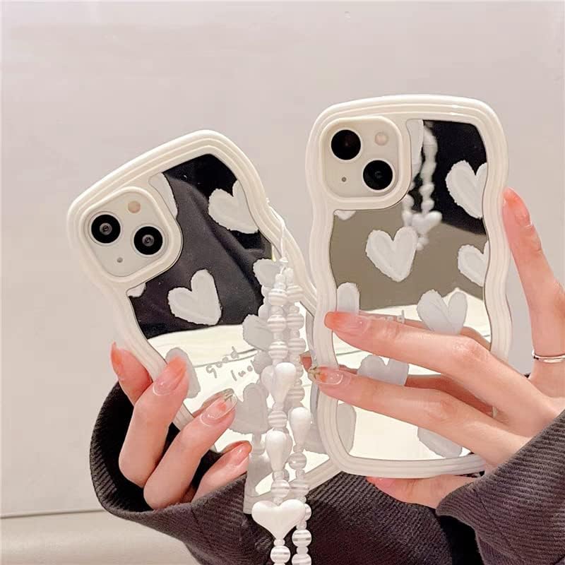 Finyosee kompatibilan sa iPhone 13 ogledalom, slatkim kovrčavim oblikom oblika sa srčanim ručnim ručnim ručnim zglobom, mekim TPU punim zaštitnim poklopcem za djevojke žene-bijele