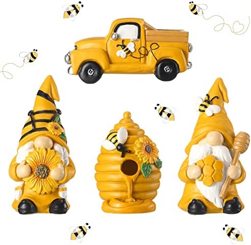 Karenhi 4 kom Gnomes pčelinji dekor suncokret Gnome Bee košnica Vintage kamion s umjetnom medom kolekcije medene koprive ukrase gnome figurine za figurice za romske kolekcije za kućni vrtni pokloni