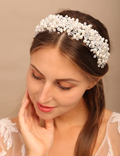 Teyglen Floral Wedding Pearl Crystal Tiara Hair Crown Vintage Pearl Rhinestone traka za glavu komadi za kosu Bridal Crown Headpieces