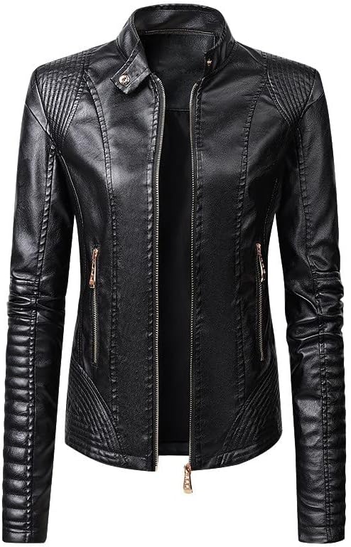 Fulijie Womens dugih rukava kožna jakna motocikl kožna jakna PU kožna jakna modna ženska jakna kaput lagana