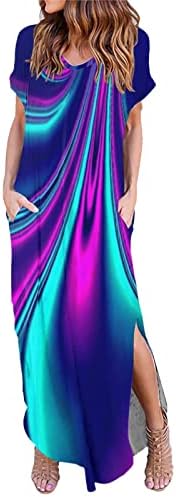 Ženska ljetna haljina 2023 labava kratka rukava Crew Neck šareni Print Split duga haljina plaža Maxi haljina sa džepom