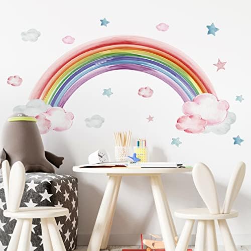 Kreativni gigant Boho Rainbow zidne naljepnice akvarel Rainbow Clouds zidne naljepnice uradi sam oguliti i zalijepiti uklonjivo zvjezdano nebo zvijezde Rainbow dekor za djecu Dječija spavaća soba dnevni boravak rasadnik dekoracija DT-1493