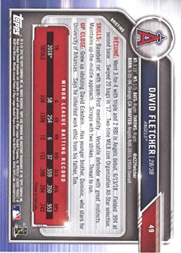 2019 Bowman Baseball 49 David Fletcher RC Rookie Card Los Angeles Angels Službena MLB trgovačka kartica od gornjeg dijelova