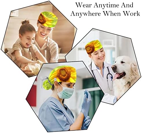 Lorvies Medical Caps za žene sa tipkama Long Hair, 2 komada Podesiva radna kapa, suncokretova žuta biljka
