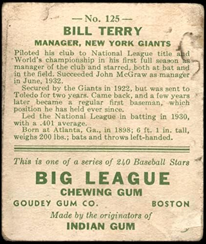 1933 Goudey 125 Bill Terry New York Giants Fair Giants