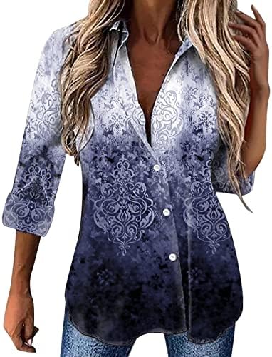 Pamučne košulje za žene žene Casual gradijent Print Splice rukav za okretanje ovratnika bluza labava