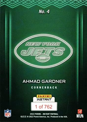 2022 Panini Instant Nacrt noćni nogomet 4 Ahmad 'sos' Gardner Rookie kartica Jets - samo 762 izrađen!