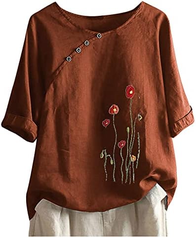 Ženske plus veličine posteljine vintage cvjetni gumb za ispis majica sa okruglom vratom Bluza od polovine ljetne majice