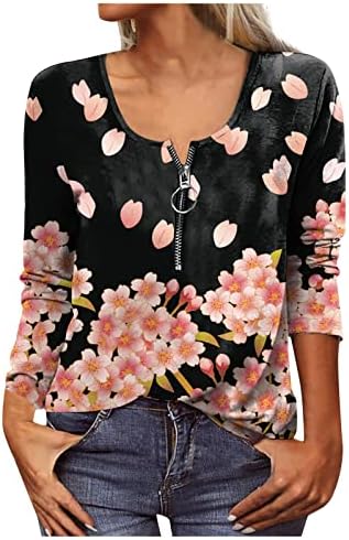 NOKMOPO ženske flanelske majice modni Casual cvijet štampani okrugli vrat sa zatvaračem dugi rukavi gornji Osnovni pleteni majice