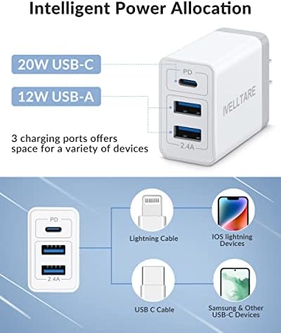 2PACK USB C zidni punjač u USB utikaču, 32W dostava snage + USB 3-Port blok za brzo punjenje za iPhone 14/14 Pro/14 Pro Max/14 Plus/13/13