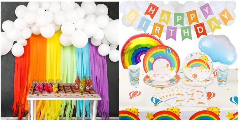 Joyypop Rainbow Party Dekoracije sa bijelim balonskim vijencem i Rainbow Crepe Paper Streamers papirnim tanjirima šolje salvete stolnjak