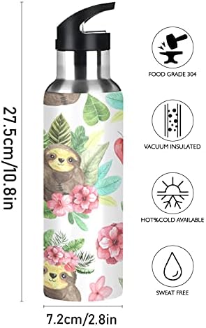 Slatka cvijeta za životinje ostavlja sportsku bocu za vodu izolirana slamom, cvjetnim vakuumnim čeličnim bočicama za bocu za piće