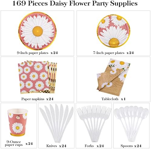 durony 169 komada Daisy Flower Party Supplies Set posuđa uključujući Daisy papirne ploče salvete šolje plastični pribor za jelo Daisy stolnjak za Daisy Flower Party, opslužuje 24 gosta