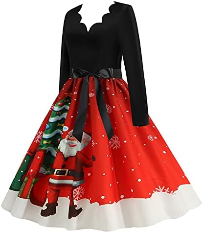 NaRHbrg dame Božić Swing Dress Božić Santa Print Flare haljine za žene Dugi rukav haljina Party koktel svečana haljina