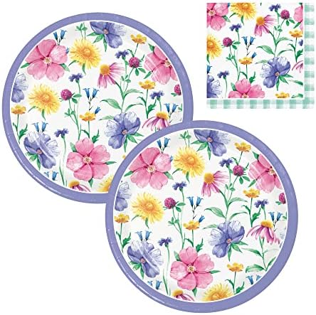 Floral potrepštine za zabavu za 16 osoba / Paket uključuje papirne desertne tanjire i salvete / Bunny and Blooms dizajn