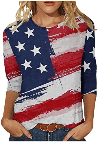 Dužina lakta 4. jula vrhovi za žene 2023 Američka zastava Print majice Casual Okrugli vrat 3/4 rukava za odmor