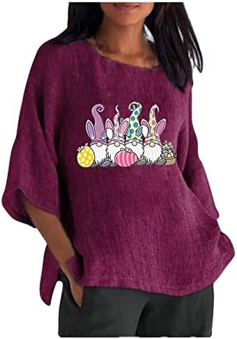Uskršnje majice za žene Crewneck Usched Gnome Ispisani TOP 3/4 rukav pamučni posteljini bluze labavi pulover