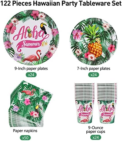 durony 122 komada Hawaiian Party Set posuđa za jednokratnu upotrebu papirni tanjur salvete, Luau Tropske potrepštine za zabavu za ljetni bazen rođendanski dekor, poslužite 24 gosta